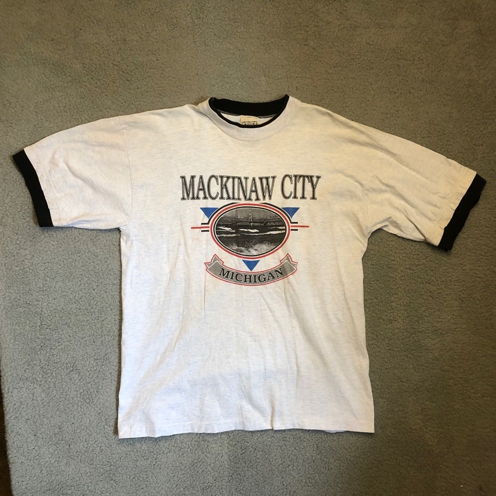 VTG 90s Mackinaw City Michigan Ringer T Shirt Alore XL Made in USA Single Stitch